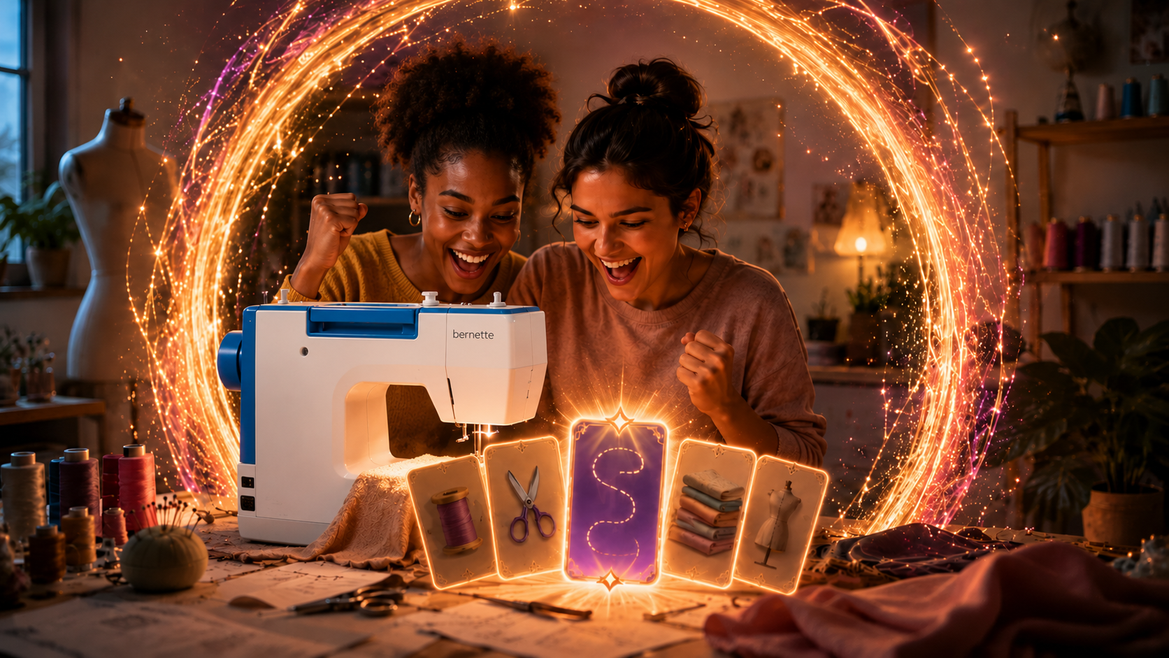 Two BBESPOKE game heroines celebrating an unlocked sewing route