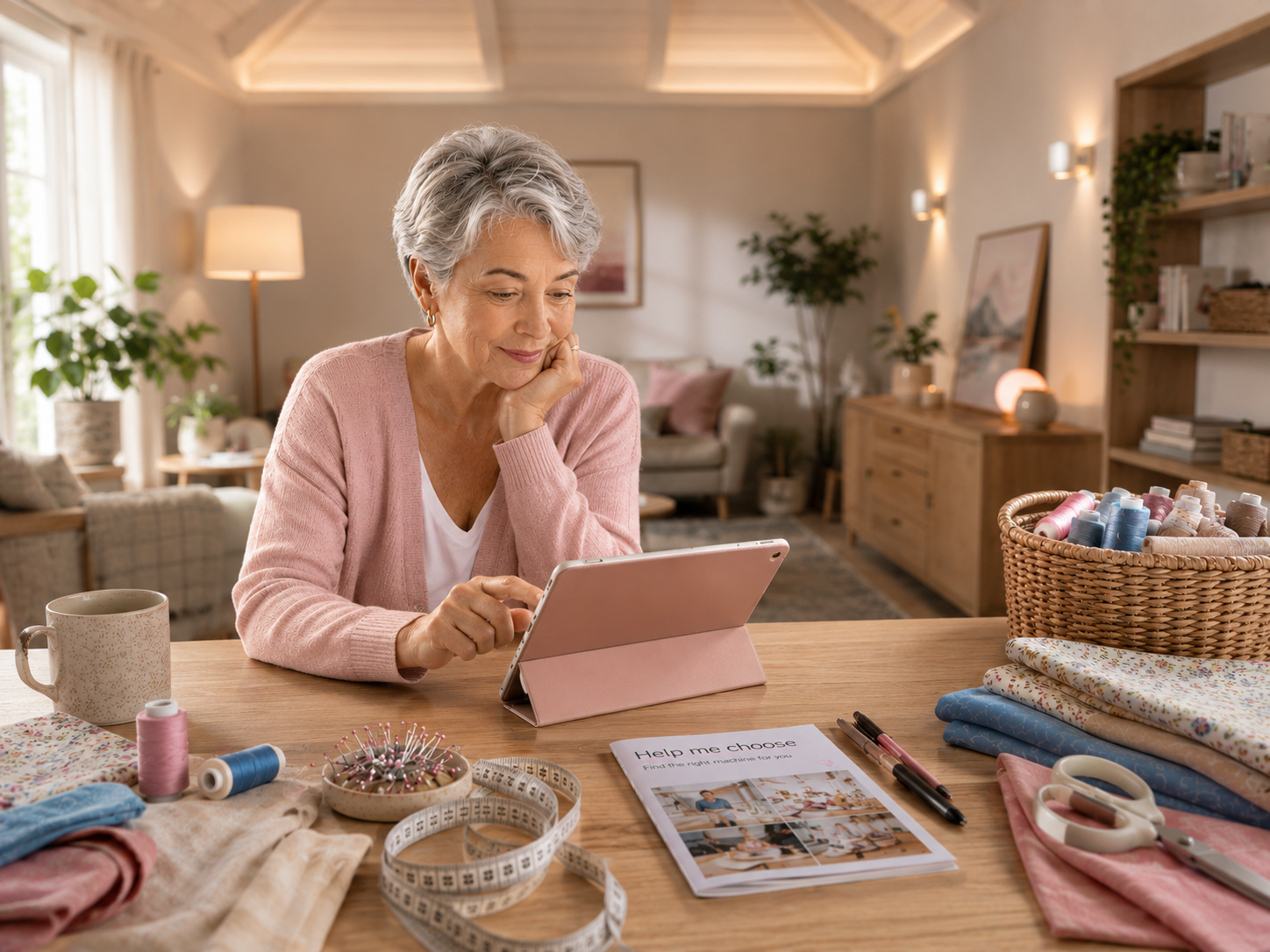 A sewist using a tablet and guide to work through machine choice calmly