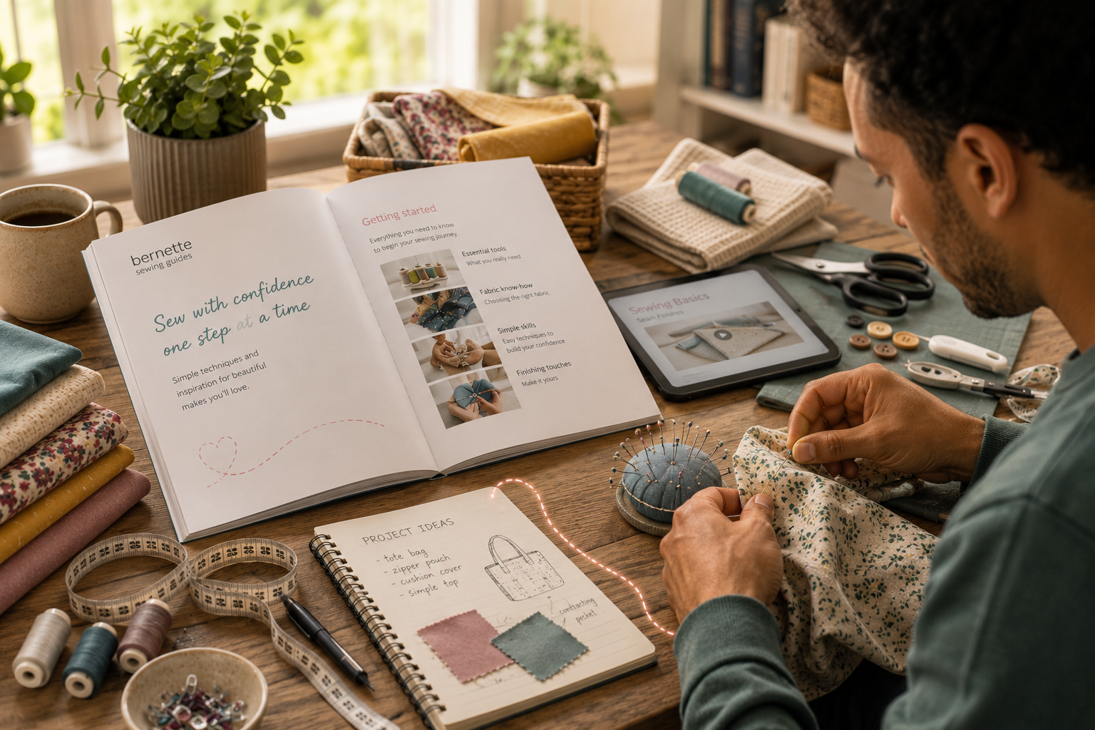 A sewist learning with sewing guides, fabric, notebook and tools on a warm sewing table