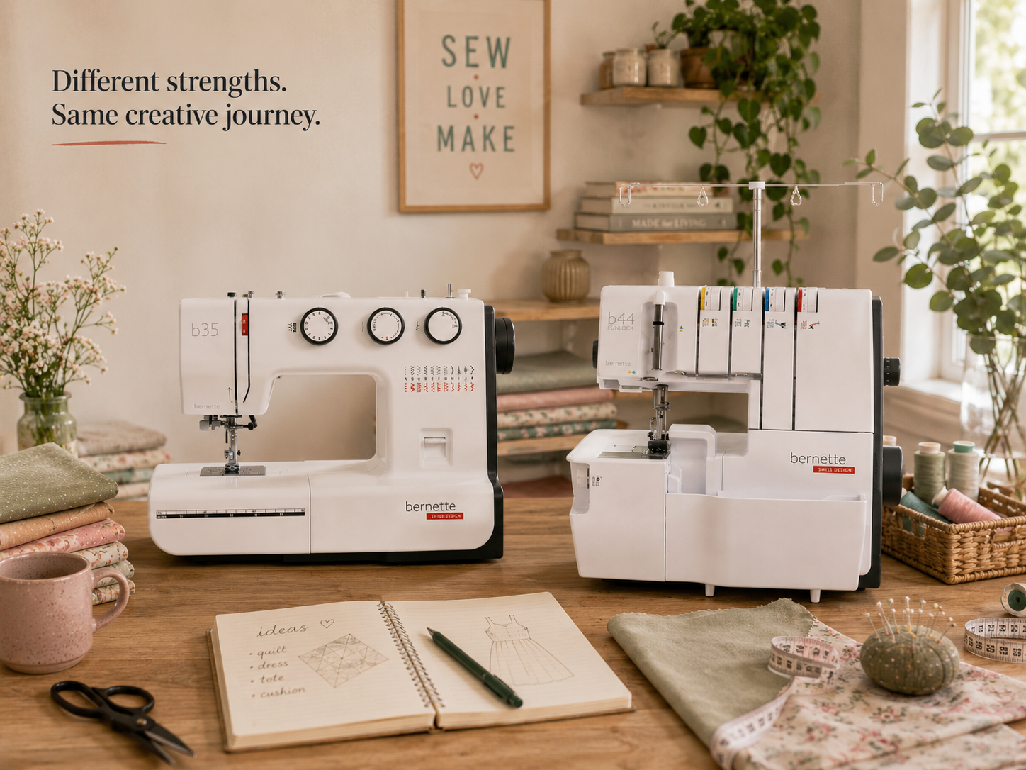A bernette sewing machine and overlocker shown together to explain different sewing strengths