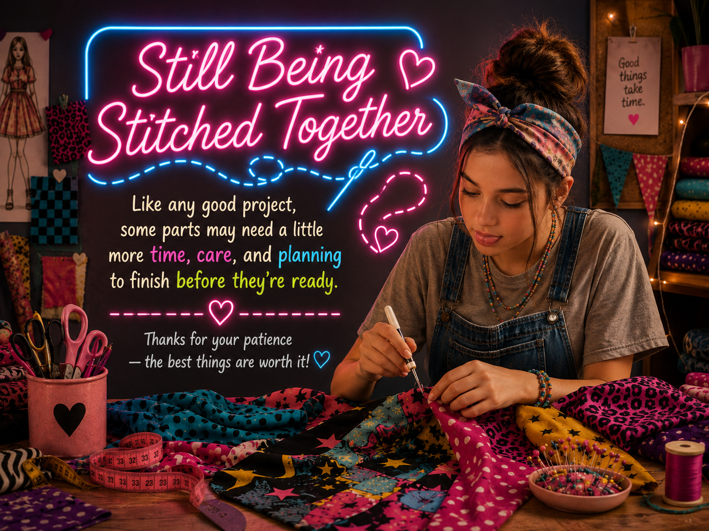 Still being stitched together holding artwork
