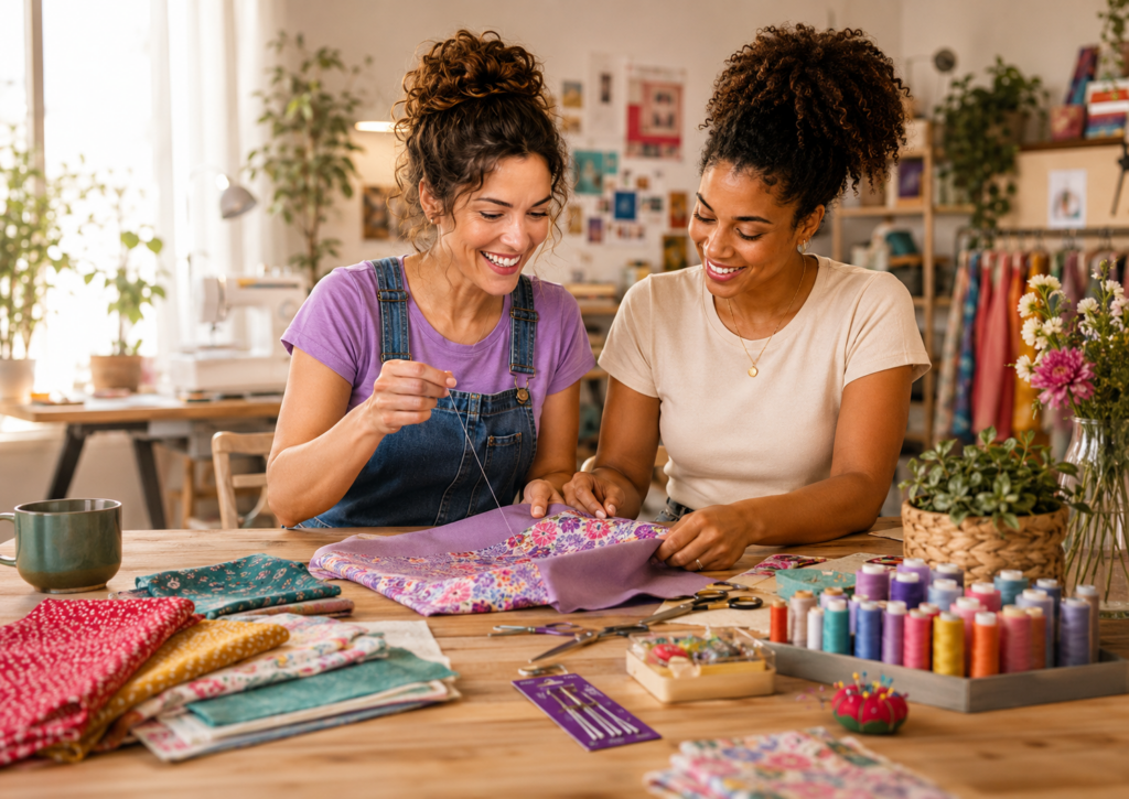 Start where you are sewing: two women at a sewing table sharing a warm beginner sewing moment with fabric, thread, needle packet, and simple project pieces in a bright BBESPOKE studio setting.