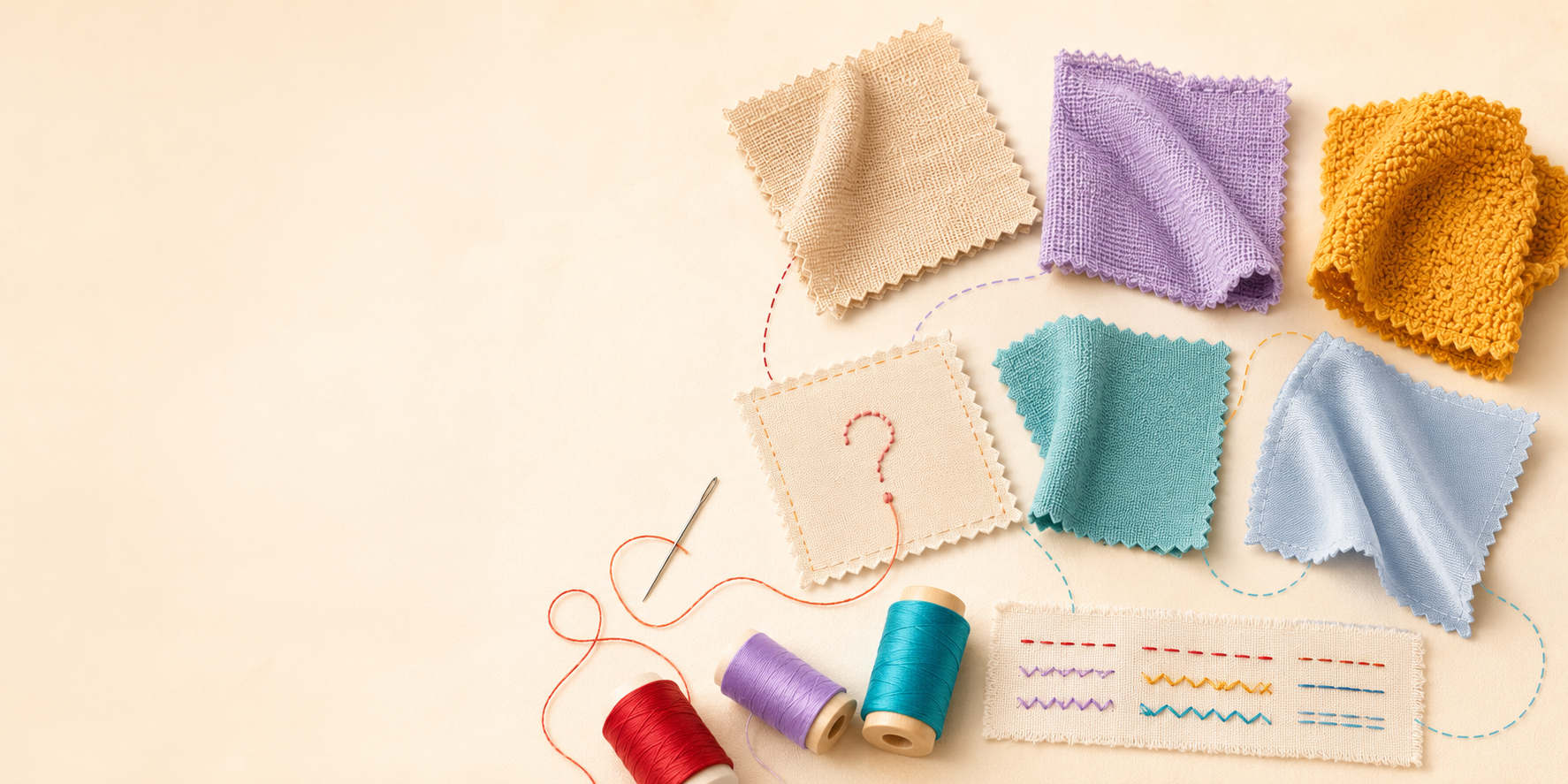 Fabric swatches, thread and stitch tests on a sewing table